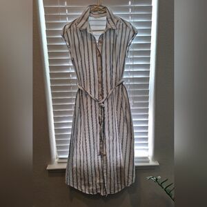 August Sky - Striped Button-Front Shirt Dress with Tie Waist - Blue and White